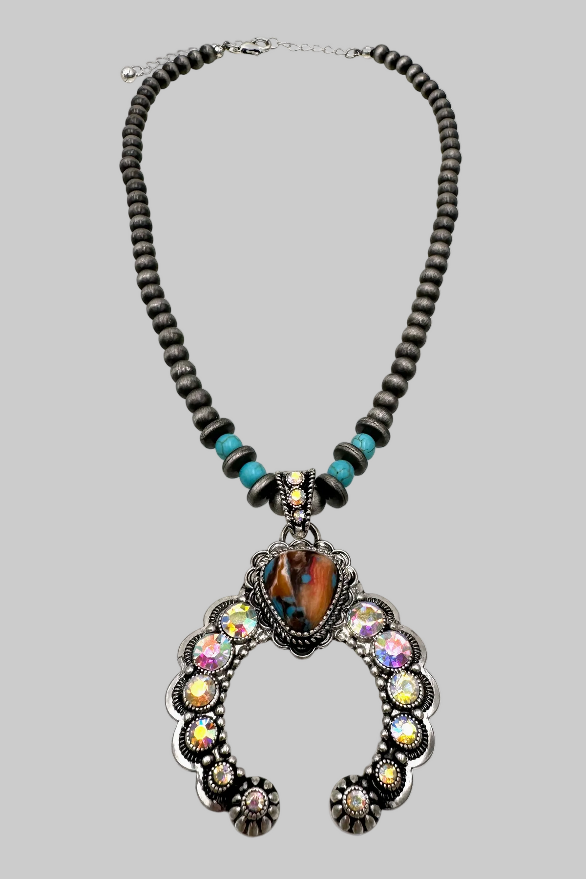 Turquoise Squash Blossom Ab Rhinestone Necklace - N099TU