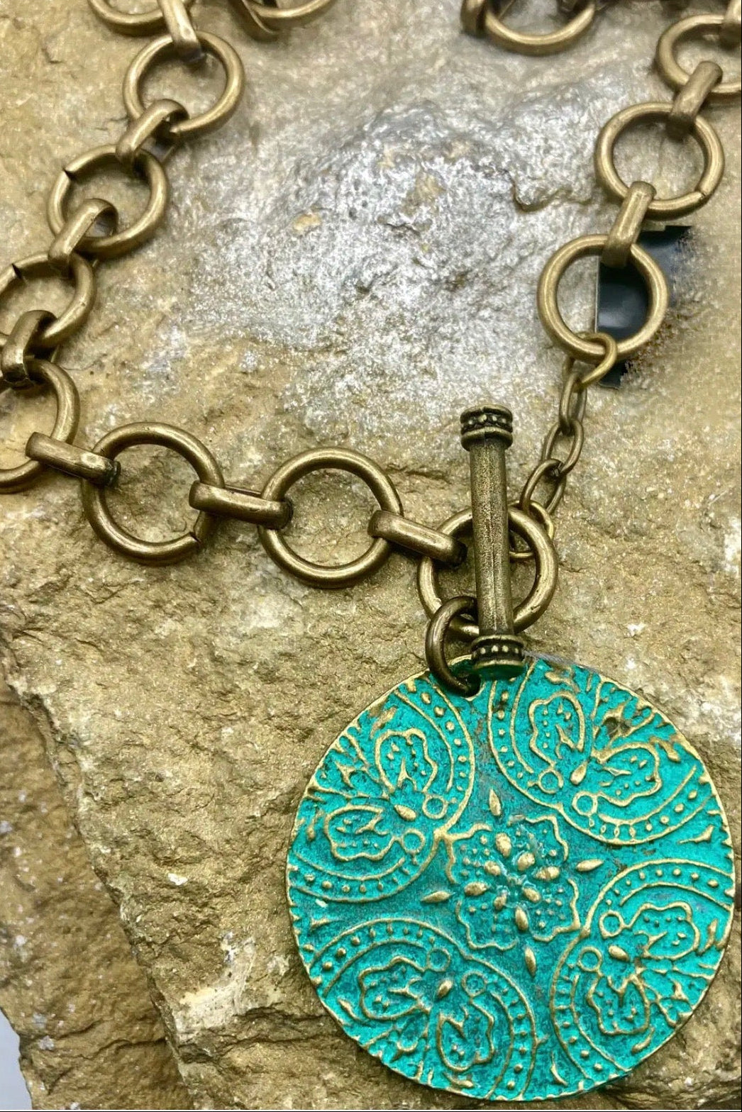 Antiqued Gold Medallion Toggle Necklace - N107TU