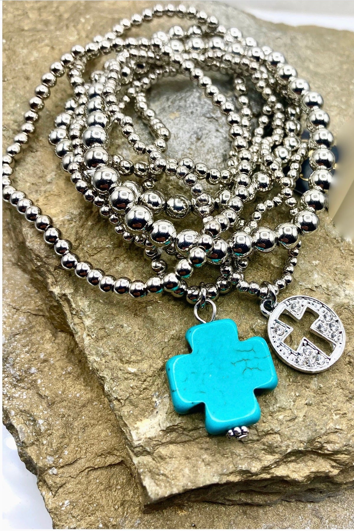 Silver Beaded Bracelet Set with Cross Charm - B054TU