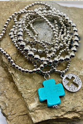 Silver Beaded Bracelet Set with Cross Charm - B054TU