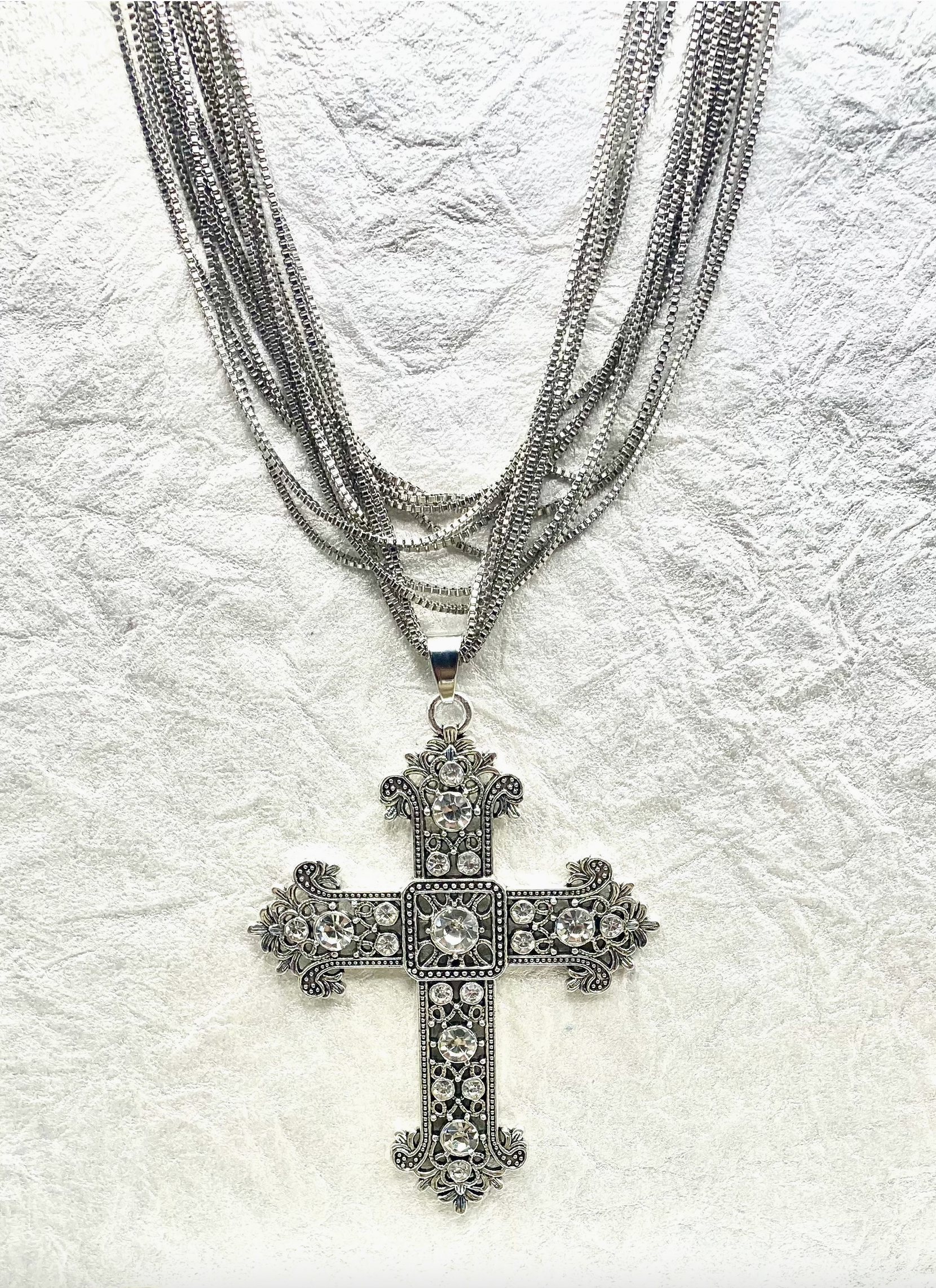 Vintage Multi Strand Charm Cross Statement Necklace - N109SI