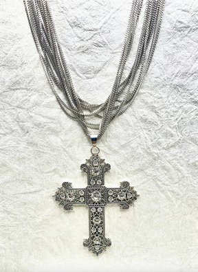 Vintage Multi Strand Charm Cross Statement Necklace - N109SI