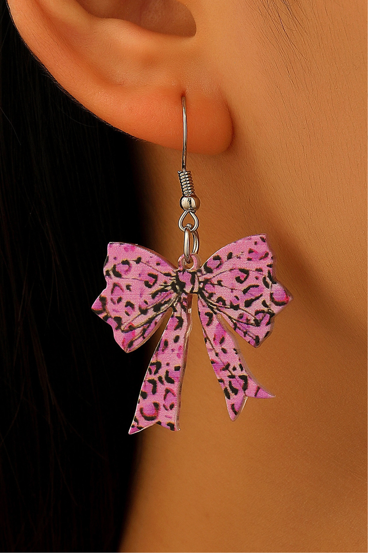 Pink Bow Leopard Earrings - E066PK