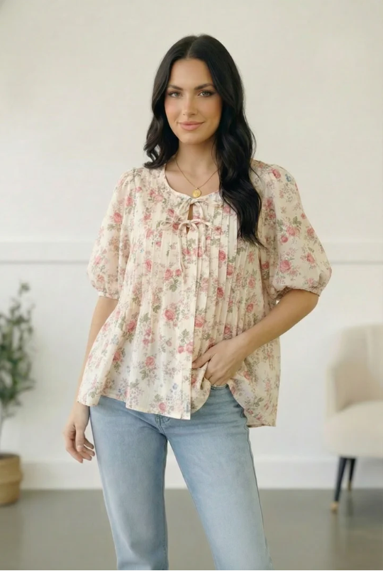 With a Rosy Glow Cream Pleated Top