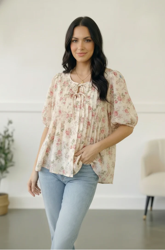 With a Rosy Glow Cream Pleated Top