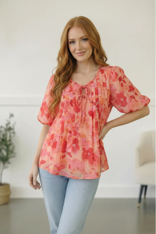 With a Rosy Glow Watercolor Pleated Top