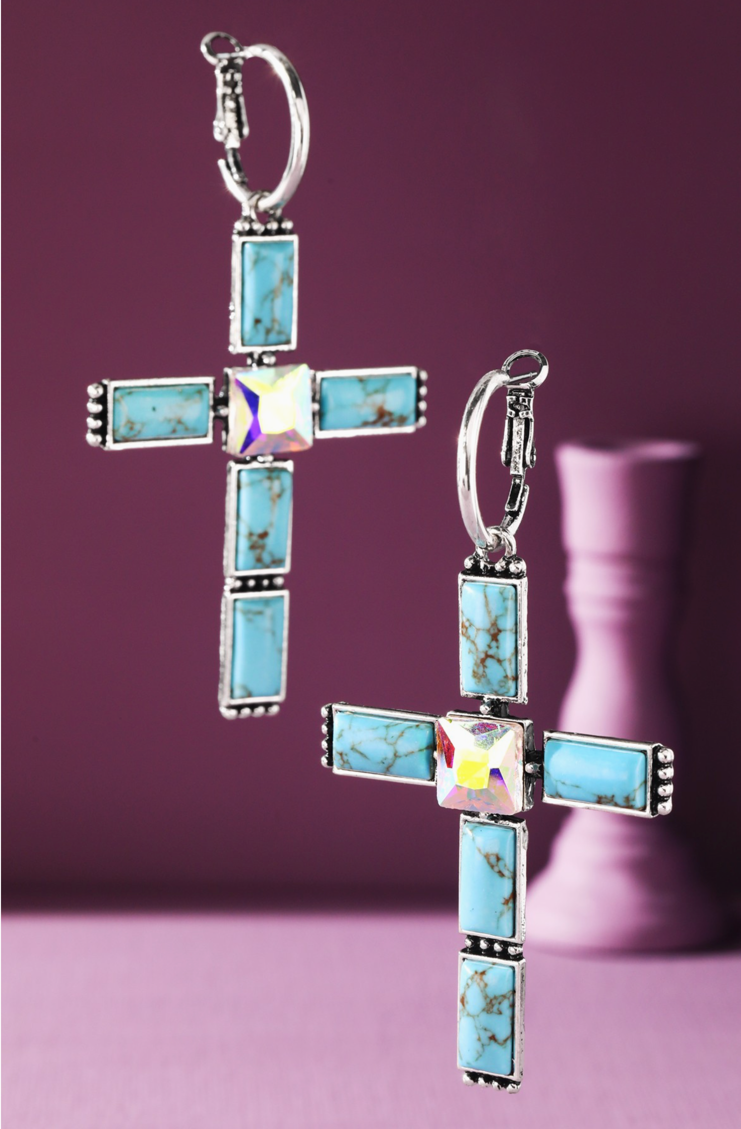 Turquoise Bar Stone Cross Earrings - E081TU