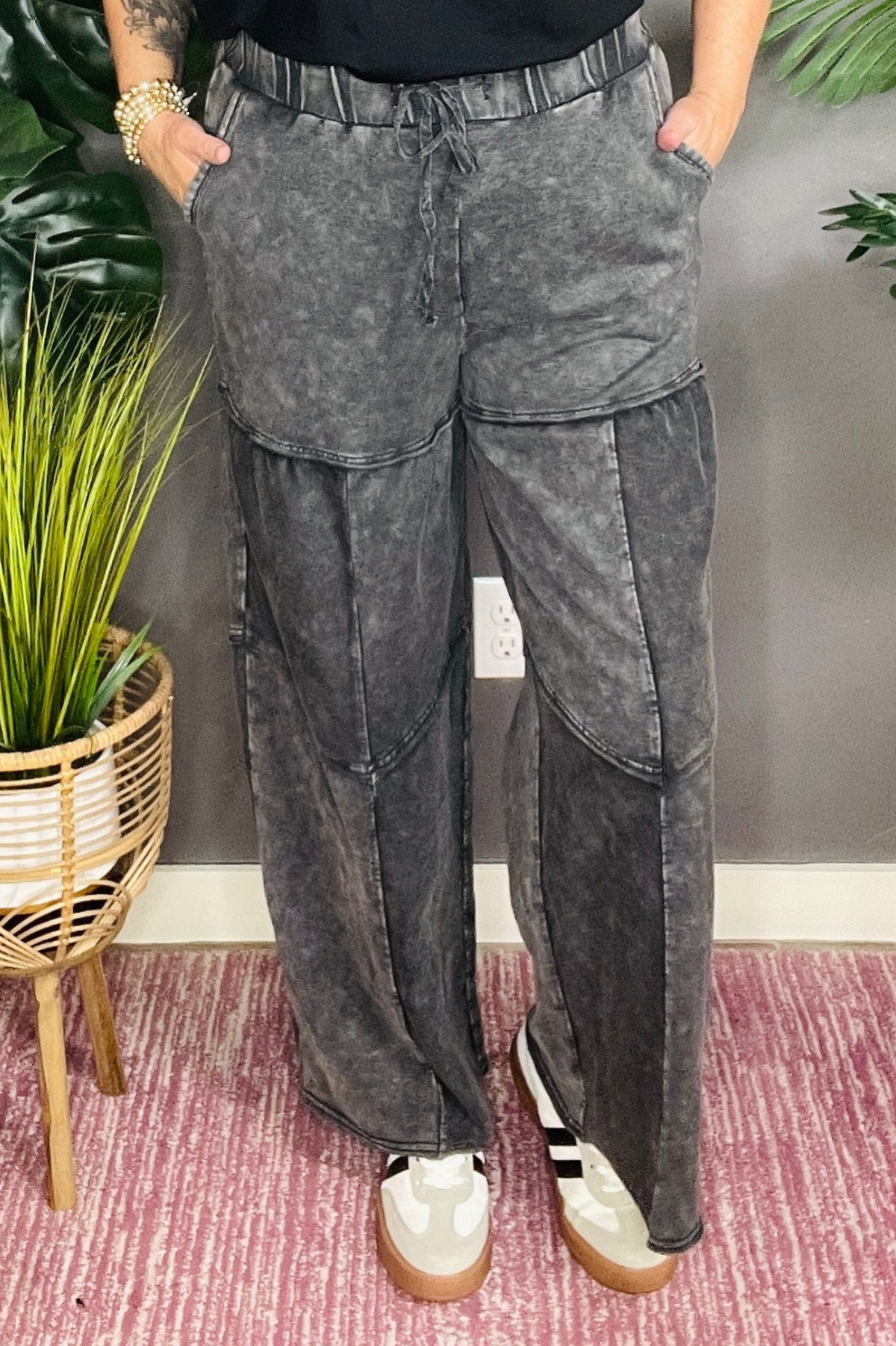 Everyday Comfort Wear Black Mineral Wash Tiered Wide Leg Pants - P066BK