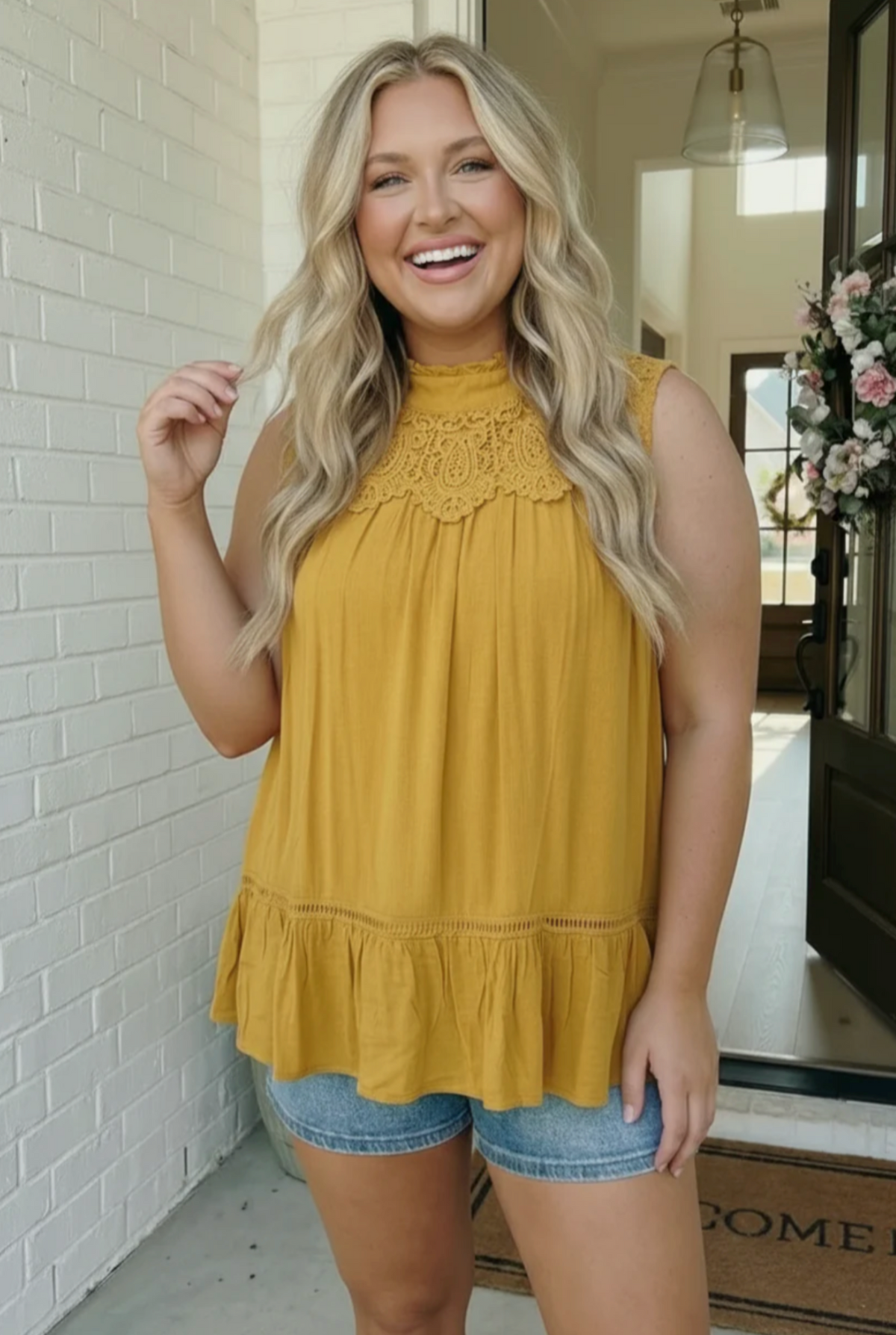 Golden Hour Lace Yoke Babydoll Top - S612GO