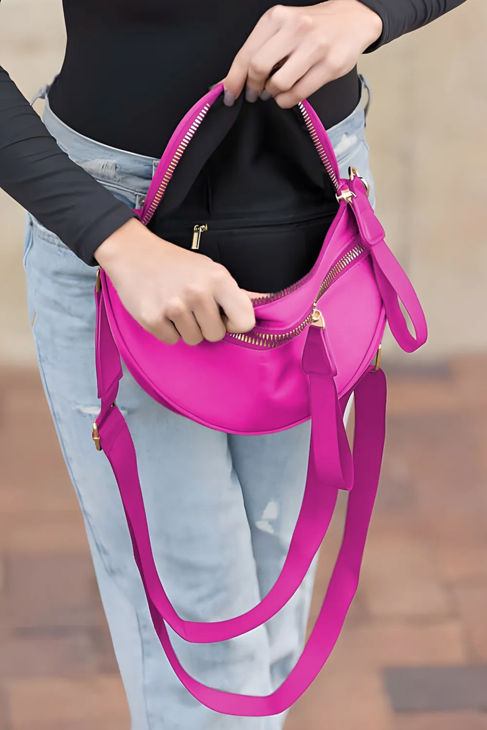 Bright Pink Double Zip Sling Bag - BG001BP