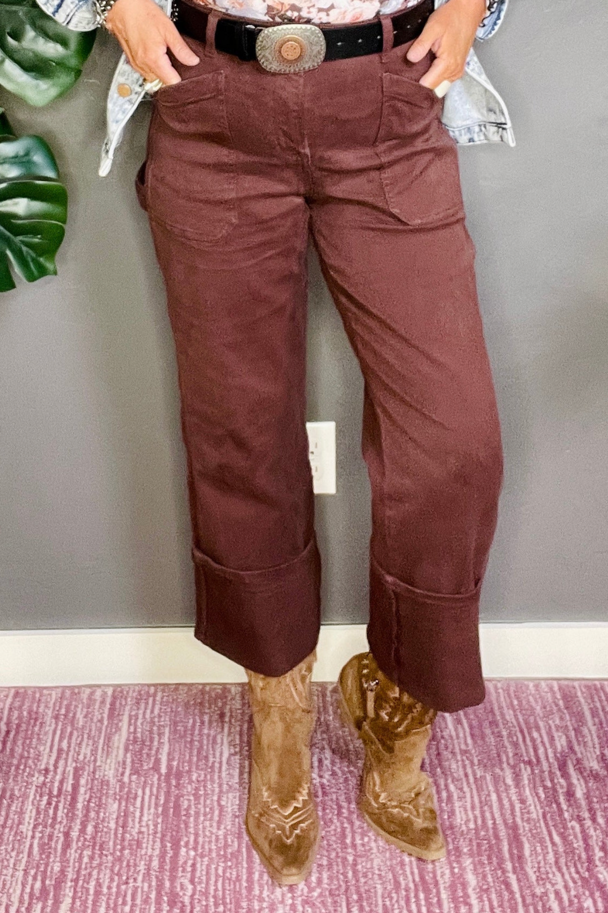 Amber High Rise Wide Straight Cuffed Patch Jeans - J042BR