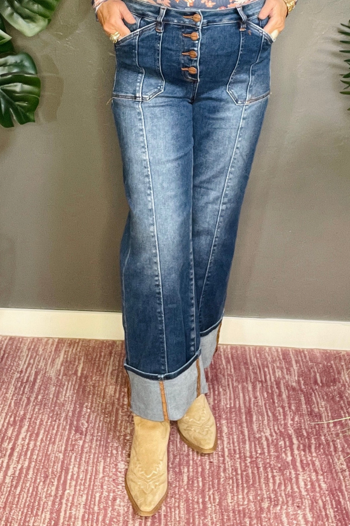 Rowan High Rise Crop Wide Straight Cuffed Jeans - J051DN