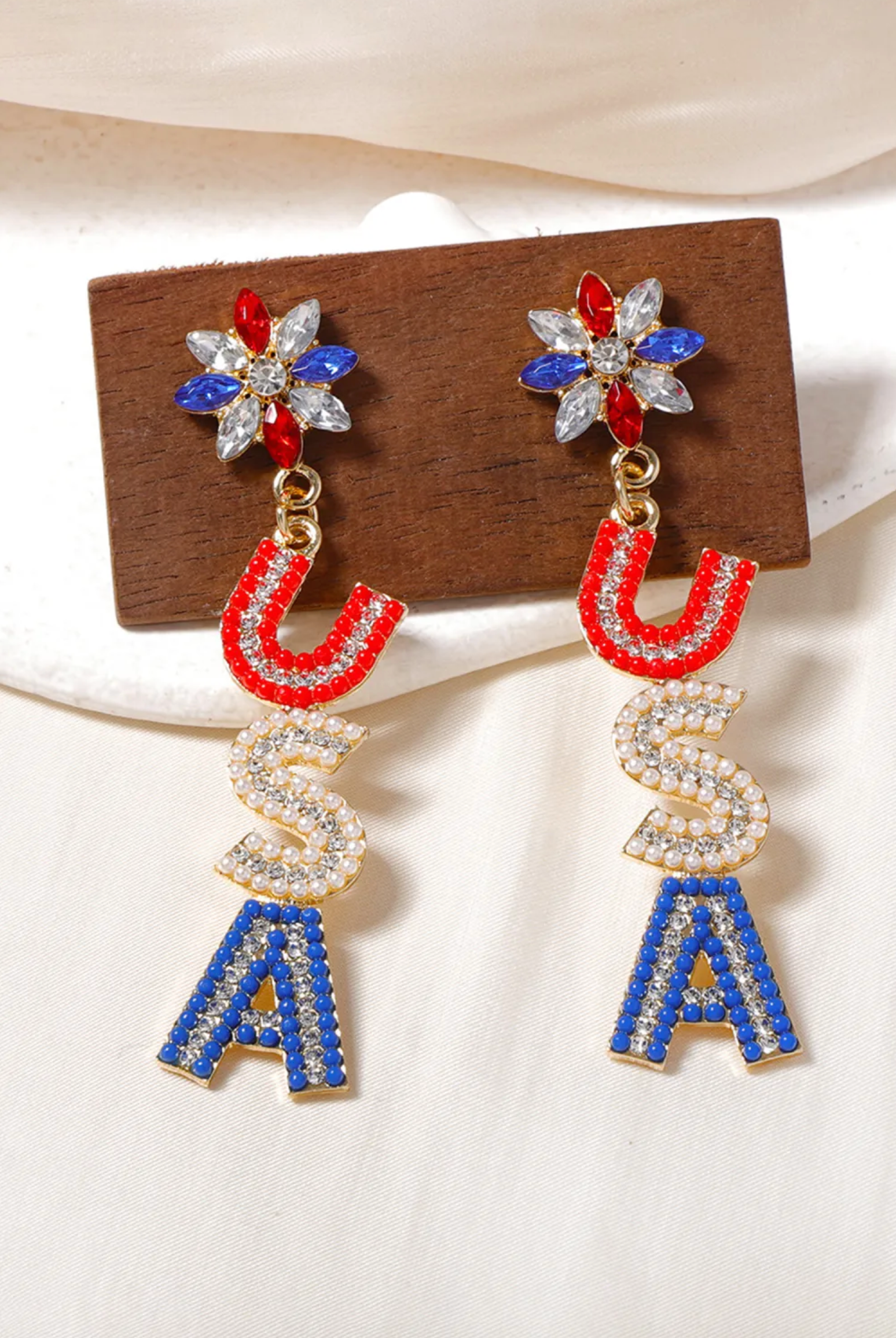 Rhinestone USA Patriotic Long Dangle Earrings - E104USA