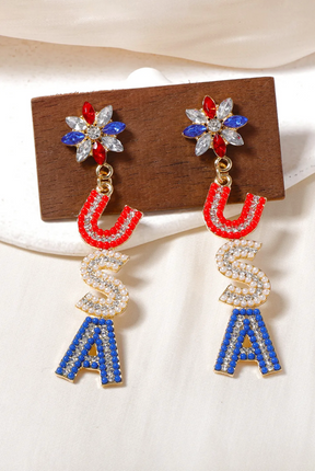 Rhinestone USA Patriotic Long Dangle Earrings - E104USA
