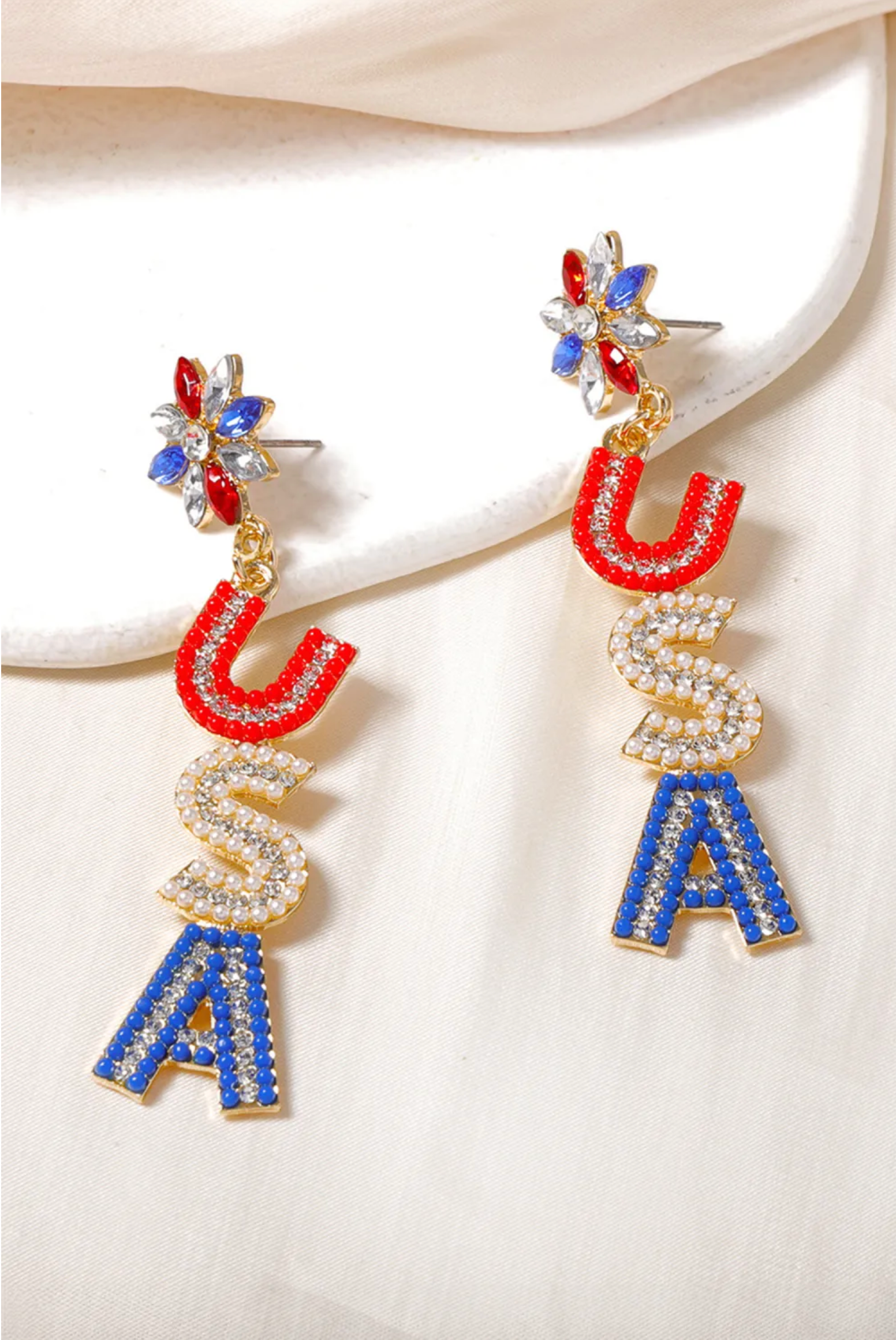 Rhinestone USA Patriotic Long Dangle Earrings - E104USA