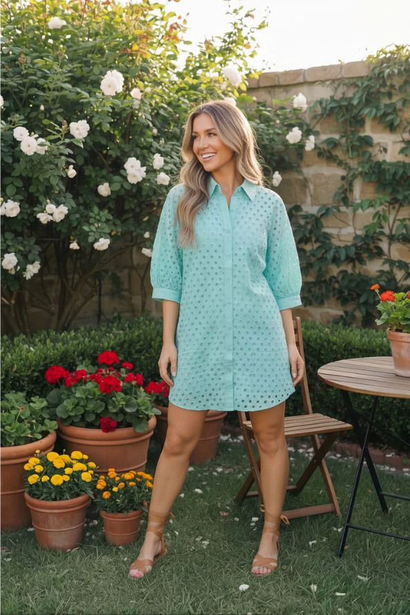 Mint Eyelet Button Front Shirt Dress
