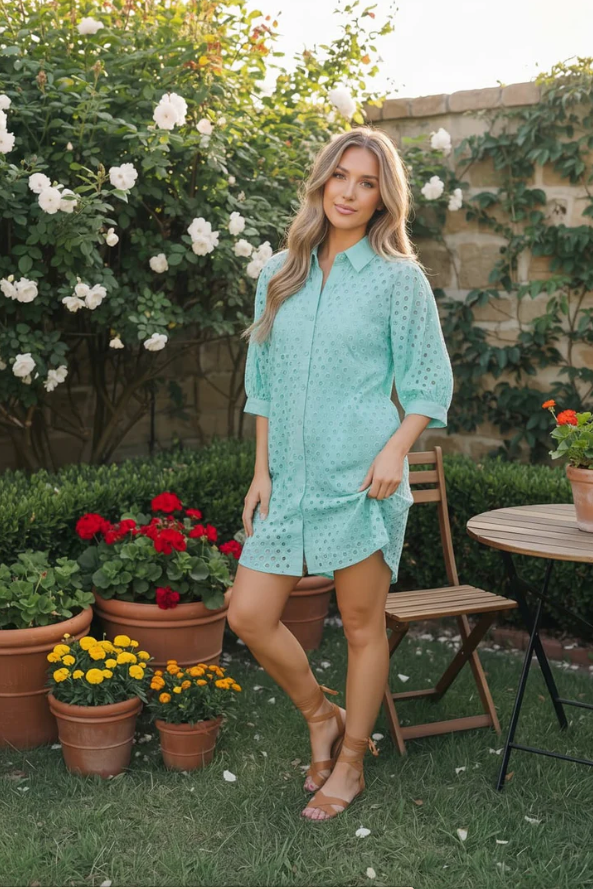 button front shirt dresses Mint Eyelet Button Front Shirt Dress