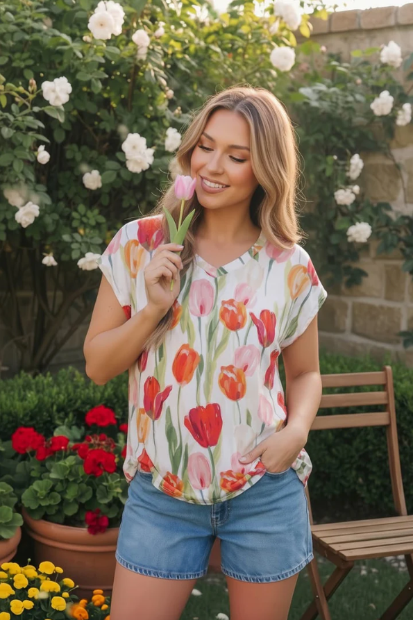 Tulip Garden Floral Print Top