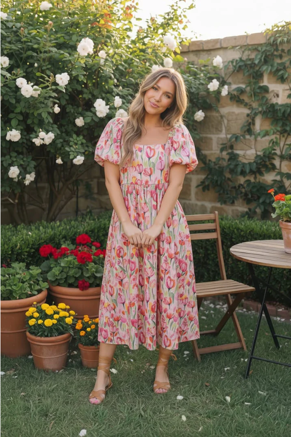 Bouquet of Tulips Pocketed Midi Dress