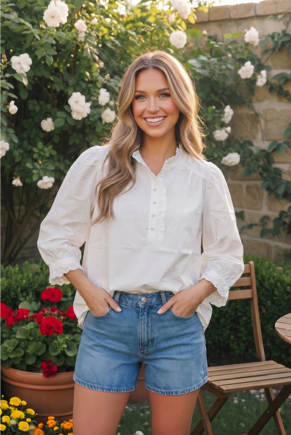 Pretty in White Puff Sleeve Button Top