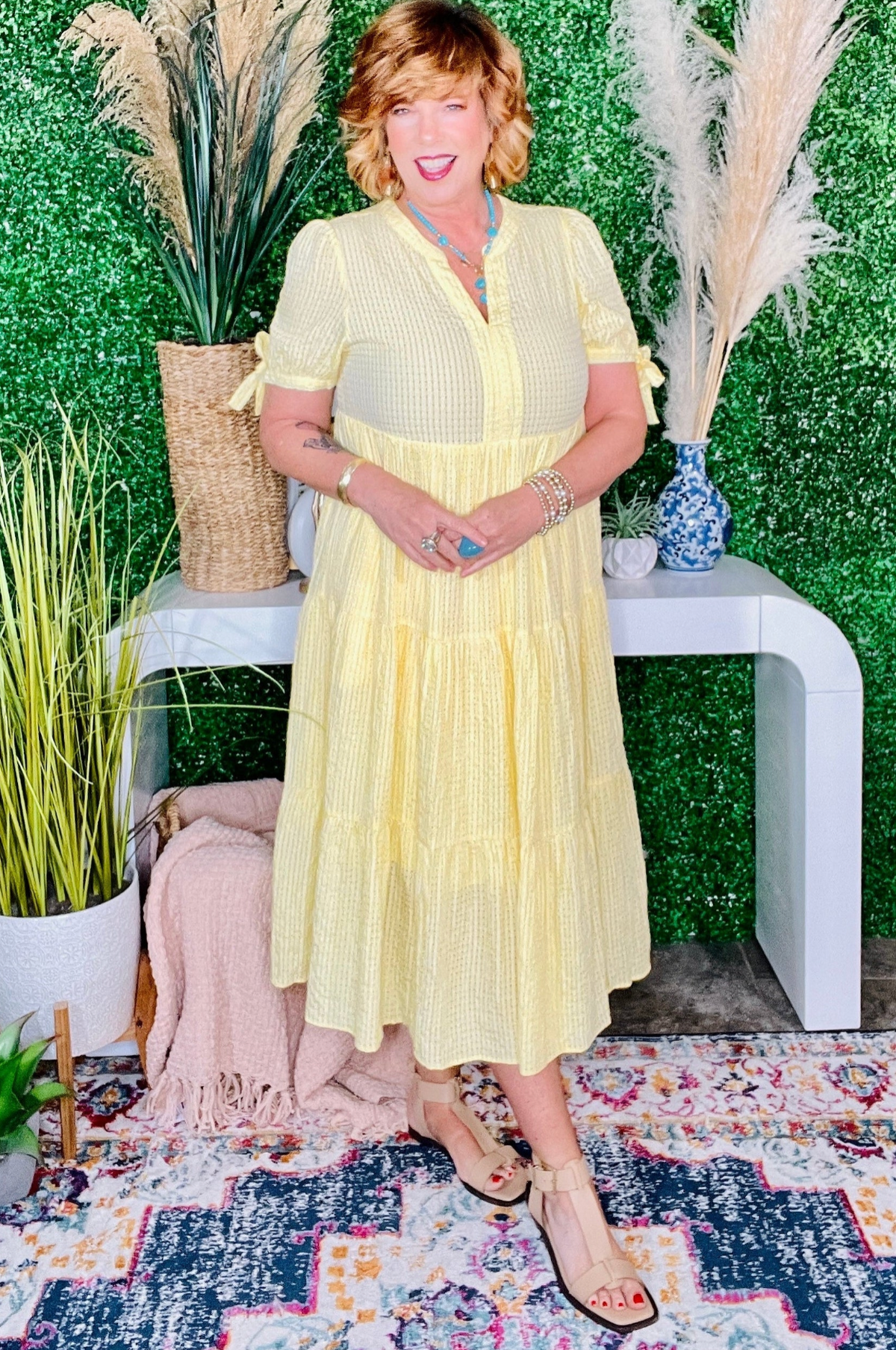 You Have My Attention Yellow Gingham Tiered Midi Dress - DR202YE
