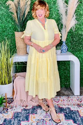 You Have My Attention Yellow Gingham Tiered Midi Dress - DR202YE