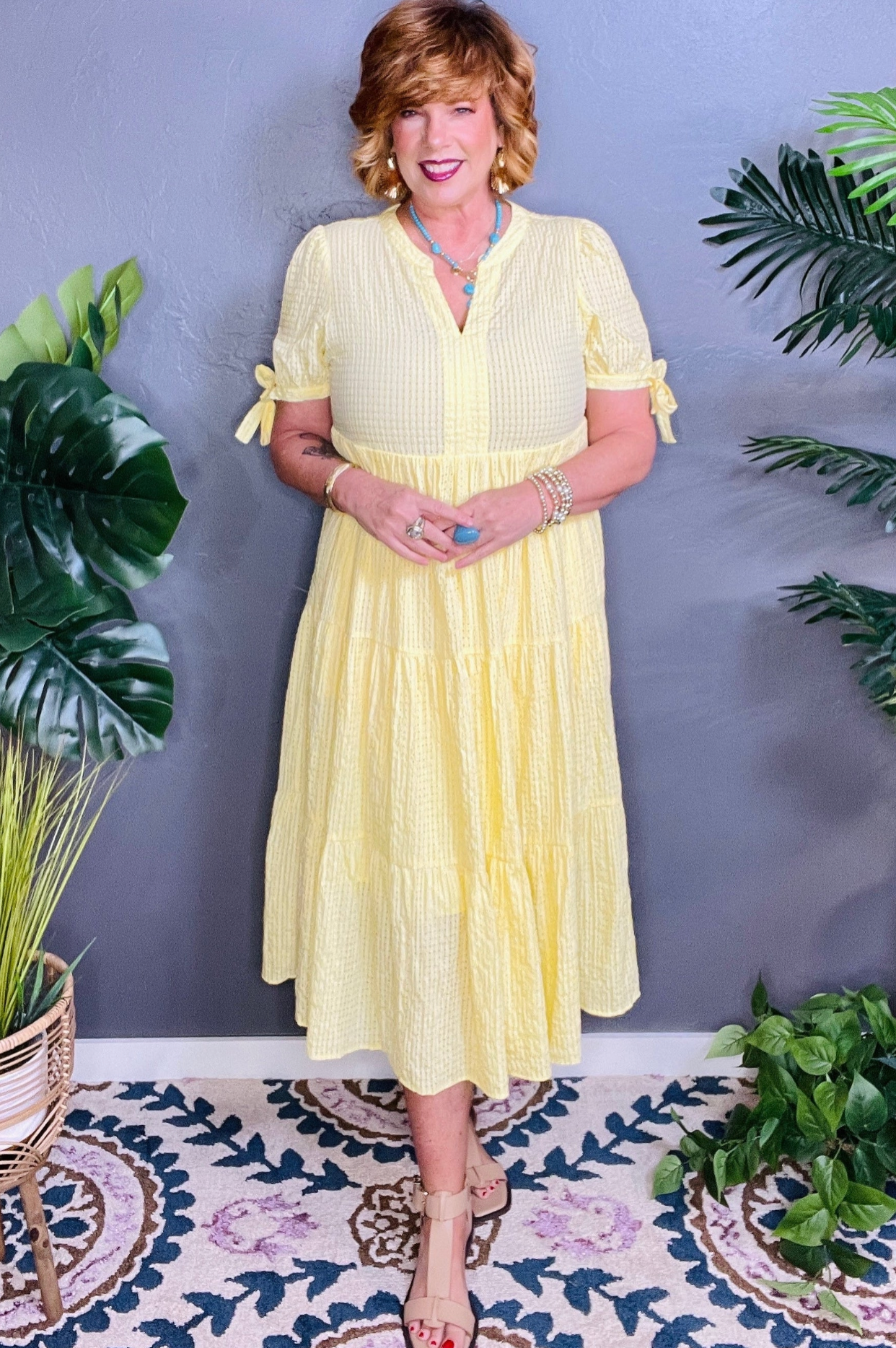 You Have My Attention Yellow Gingham Tiered Midi Dress - DR202YE