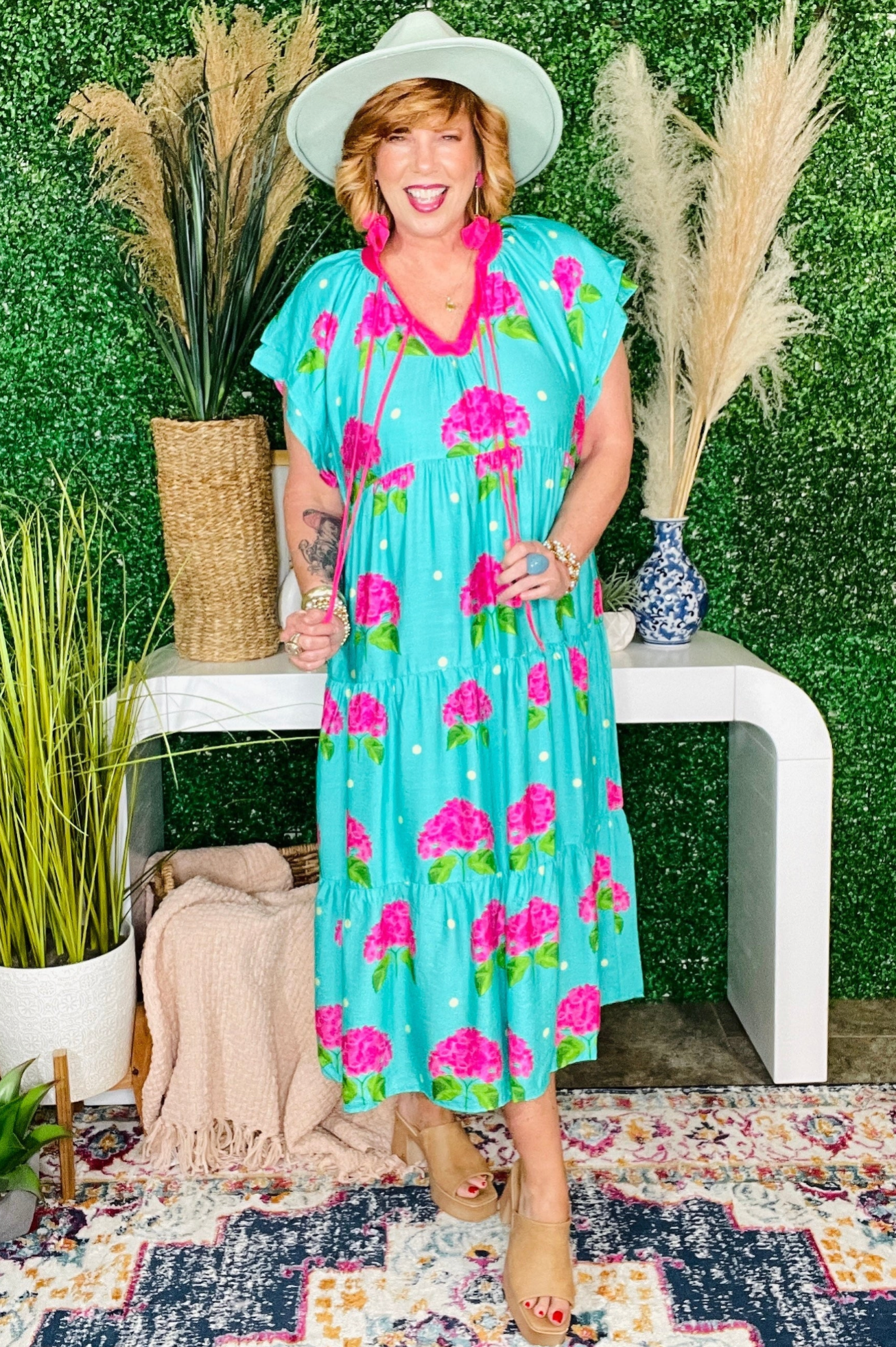 Floral Daydreams Hydrangea Print Tiered Midi Dress - DR206JD