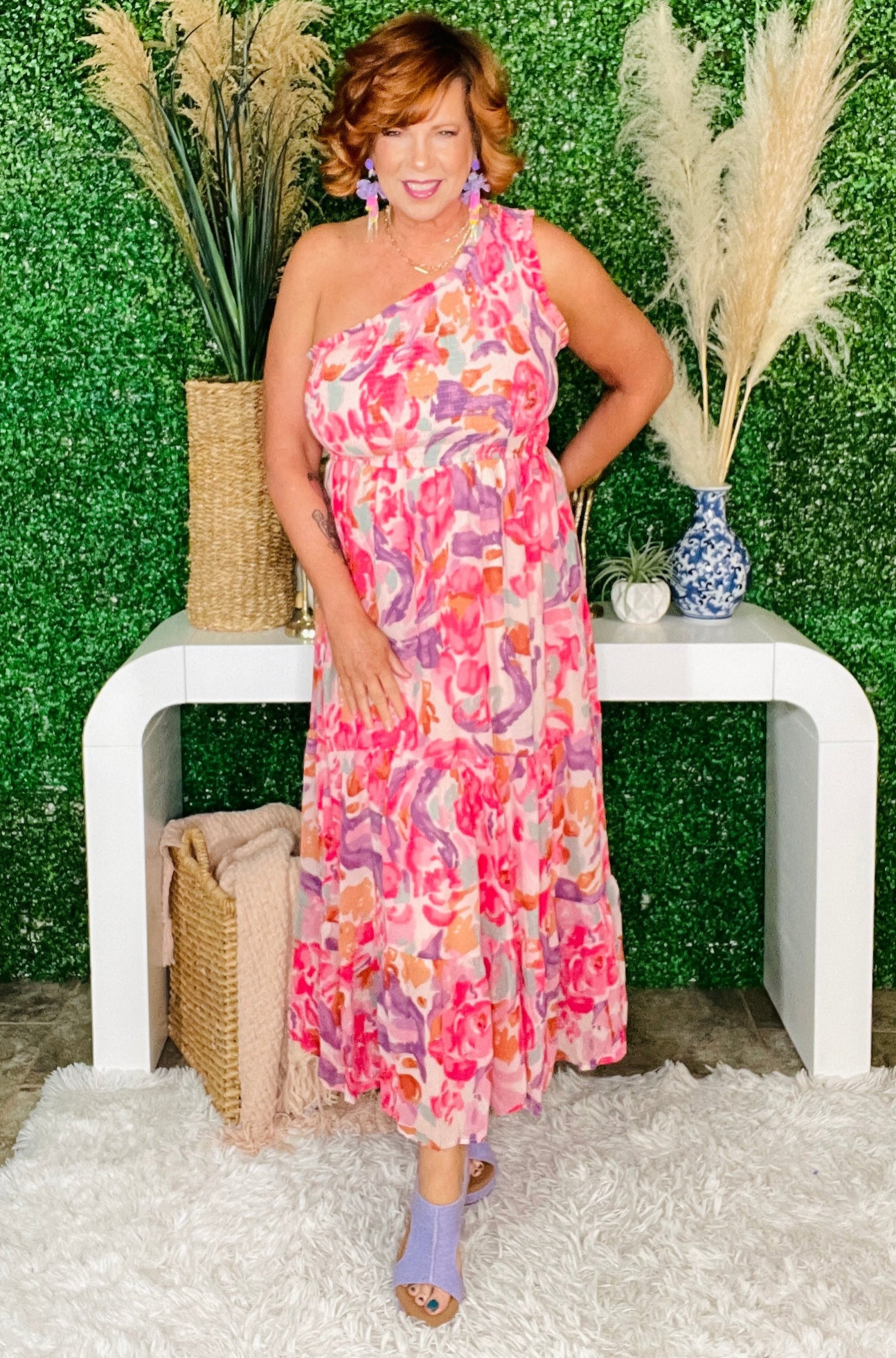 In Your Dreams Pink Floral One Shoulder Maxi Dress - DR209PK