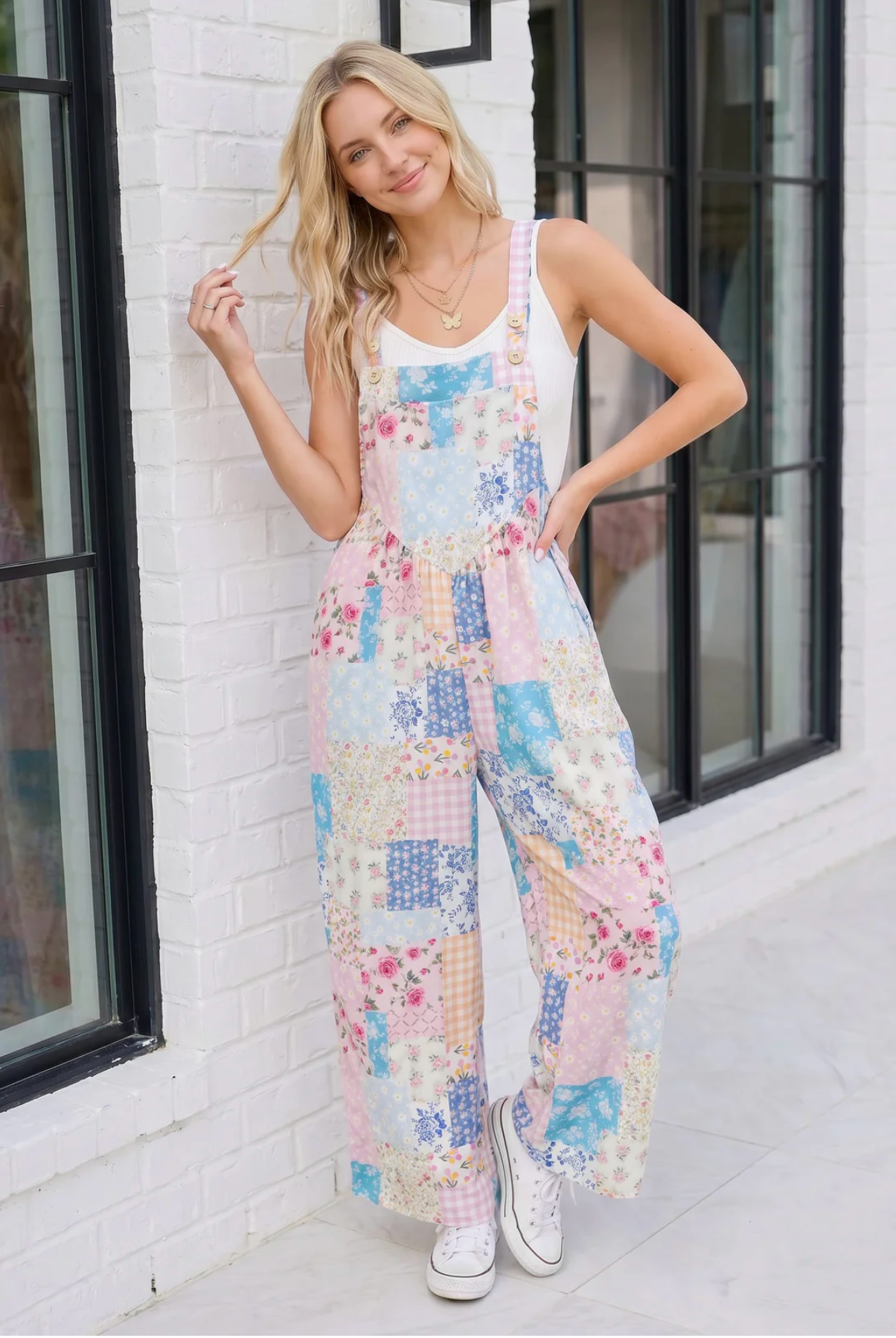 Pastel Patchwork Floral Wide Leg Overalls