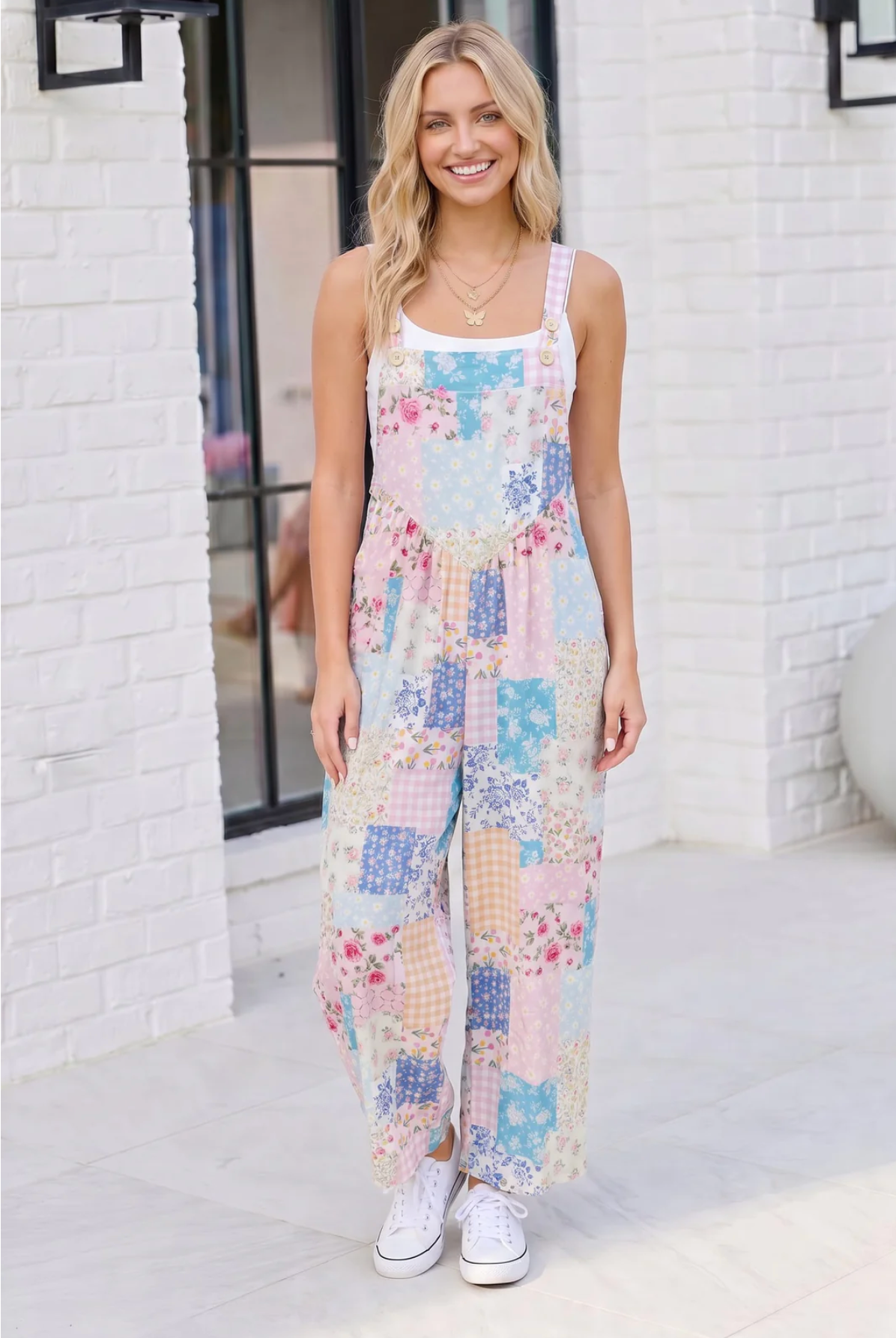 Pastel Patchwork Floral Wide Leg Overalls