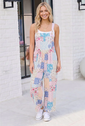 Pastel Patchwork Floral Wide Leg Overalls