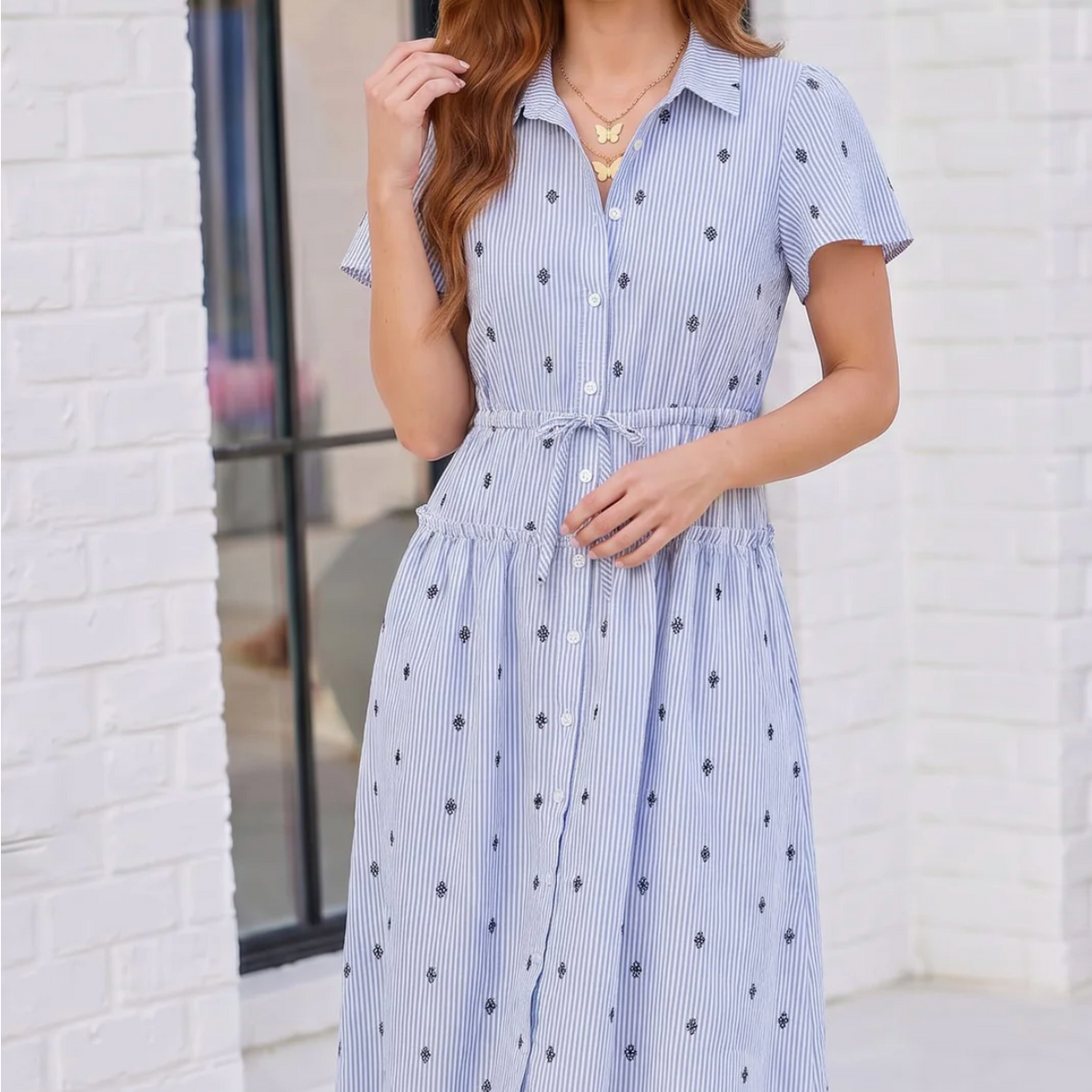 button front linen midi dress in faded indigo stripe Women's 100% European Linen Button Front Dress in Chambray Stripe, Size XS by Quince