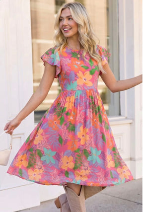 Head Turning Blooms Flutter Sleeve Midi Dress