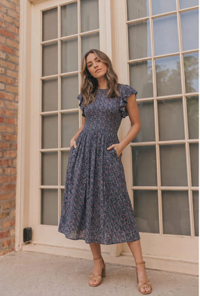 flutter sleeve midi dress Southern Tide Women's Clementine Blue (Size XS) 100% Viscose Perfect for a wedding or special event Flutter Sleeve Glitter Midi Dress