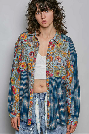 Artful Escape Patchwork Paisley Floral Stripe Top - S864BL