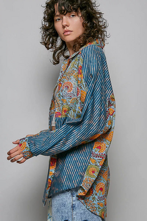 Artful Escape Patchwork Paisley Floral Stripe Top - S864BL