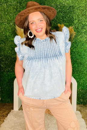 Move Over Ruffle Pleated Vintage Denim Top - S899DN