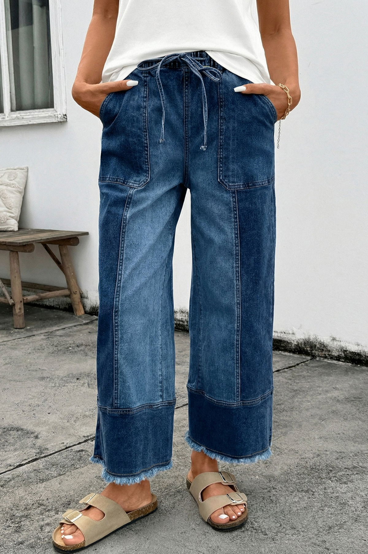 Worth Your While Dark Blue Drawstring Wide Leg Denim Pant - J090DN