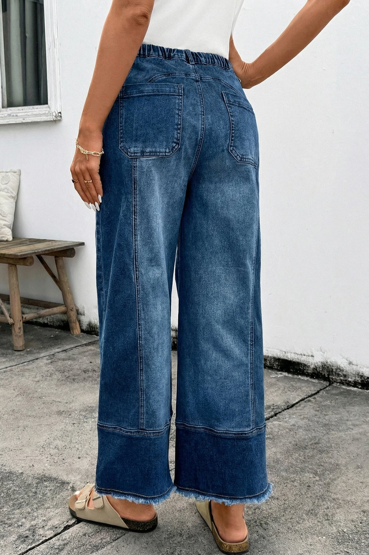 Worth Your While Dark Blue Drawstring Wide Leg Denim Pant - J090DN