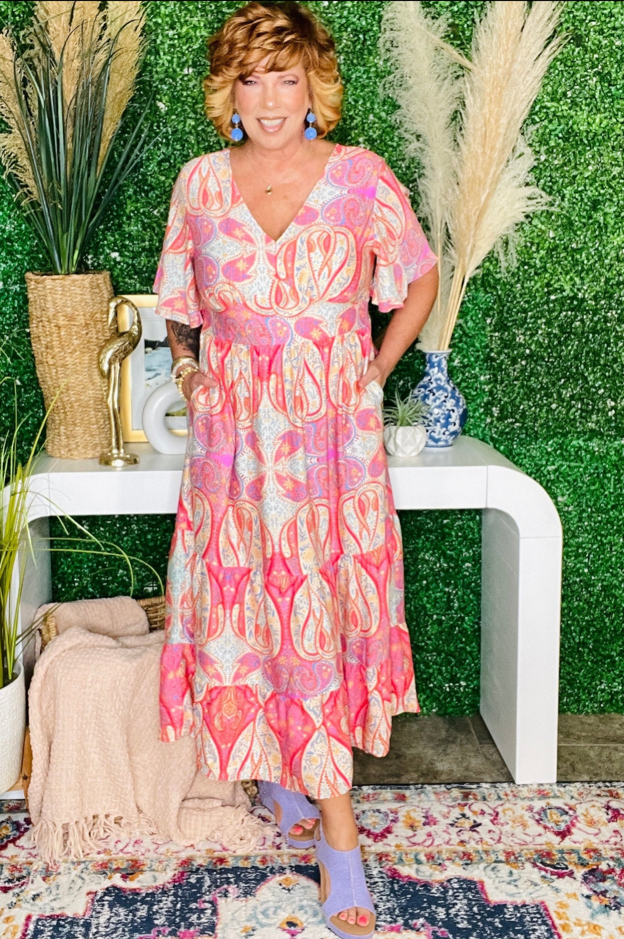 Pink Palms Paisley Print Boho Maxi Dress - DR265MU