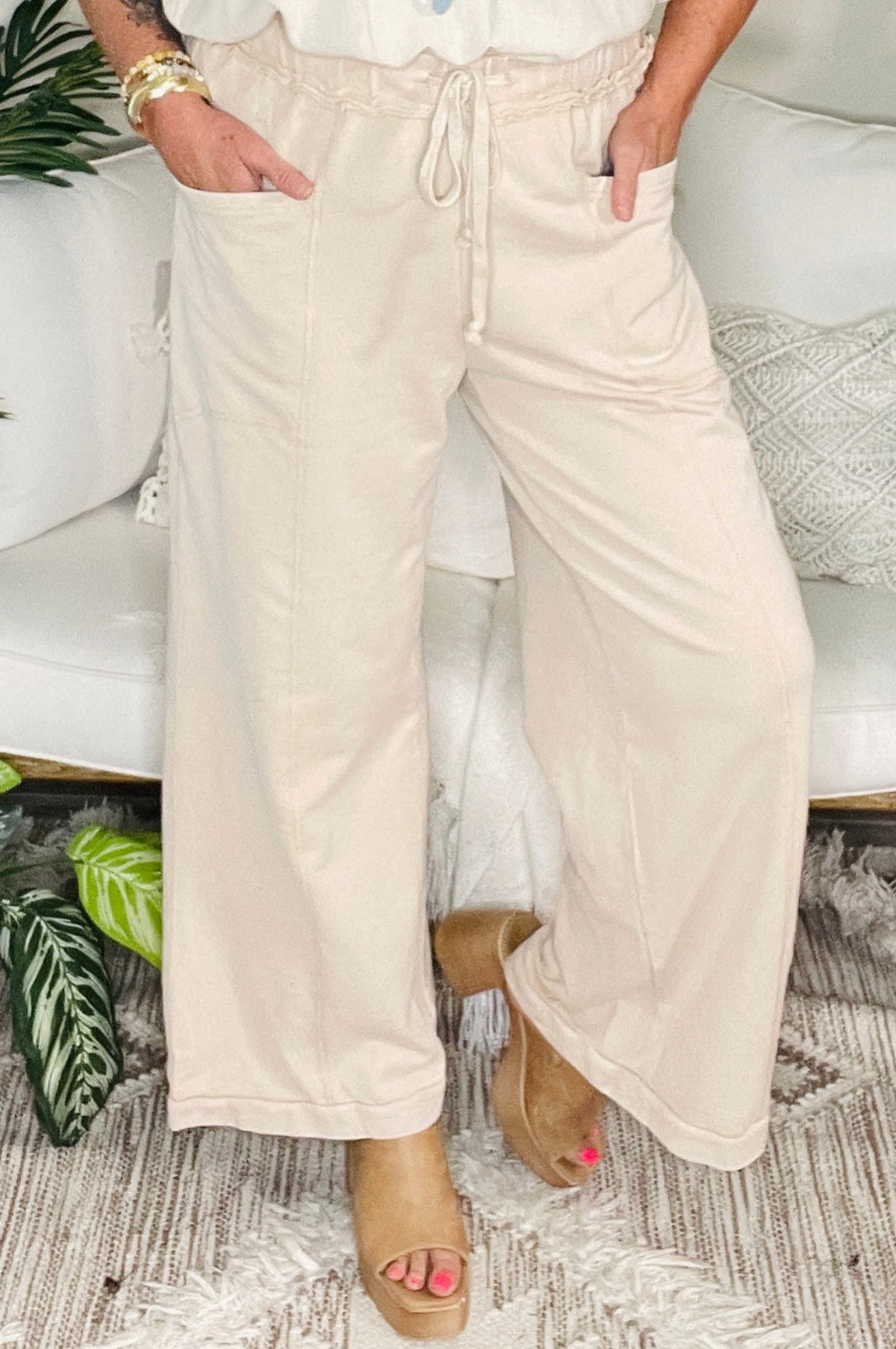 Weekend Escape Taupe Mineral Wash Wide Leg Pants - P171TA