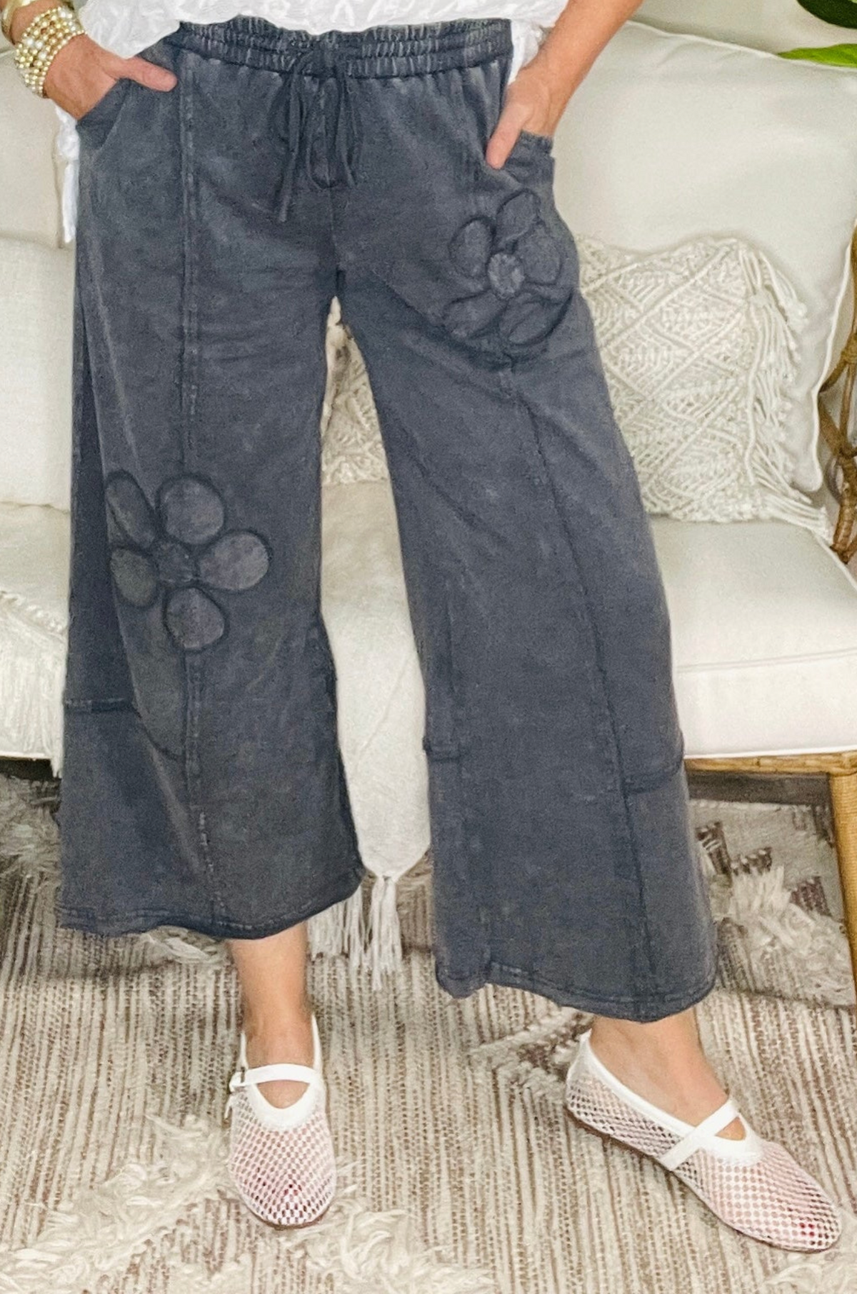 Boho Blooms Gray Flower Patch Mineral Washed Pants - P177GR