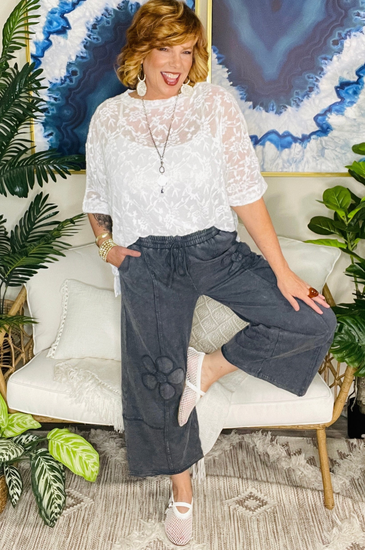 Boho Blooms Gray Flower Patch Mineral Washed Pants - P177GR