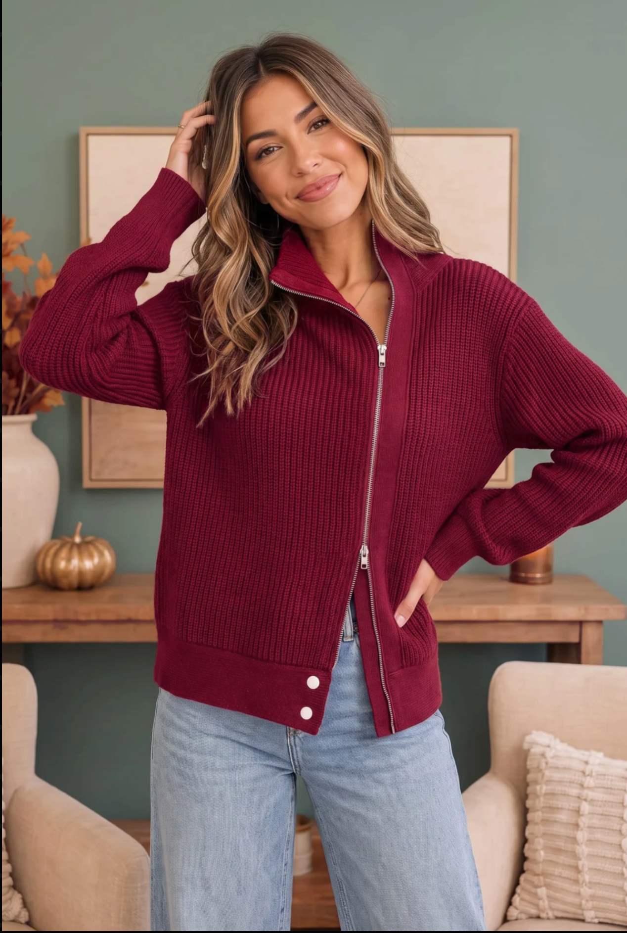 On Set Zip-Up Ribbed Sweater Jacket - T081BU