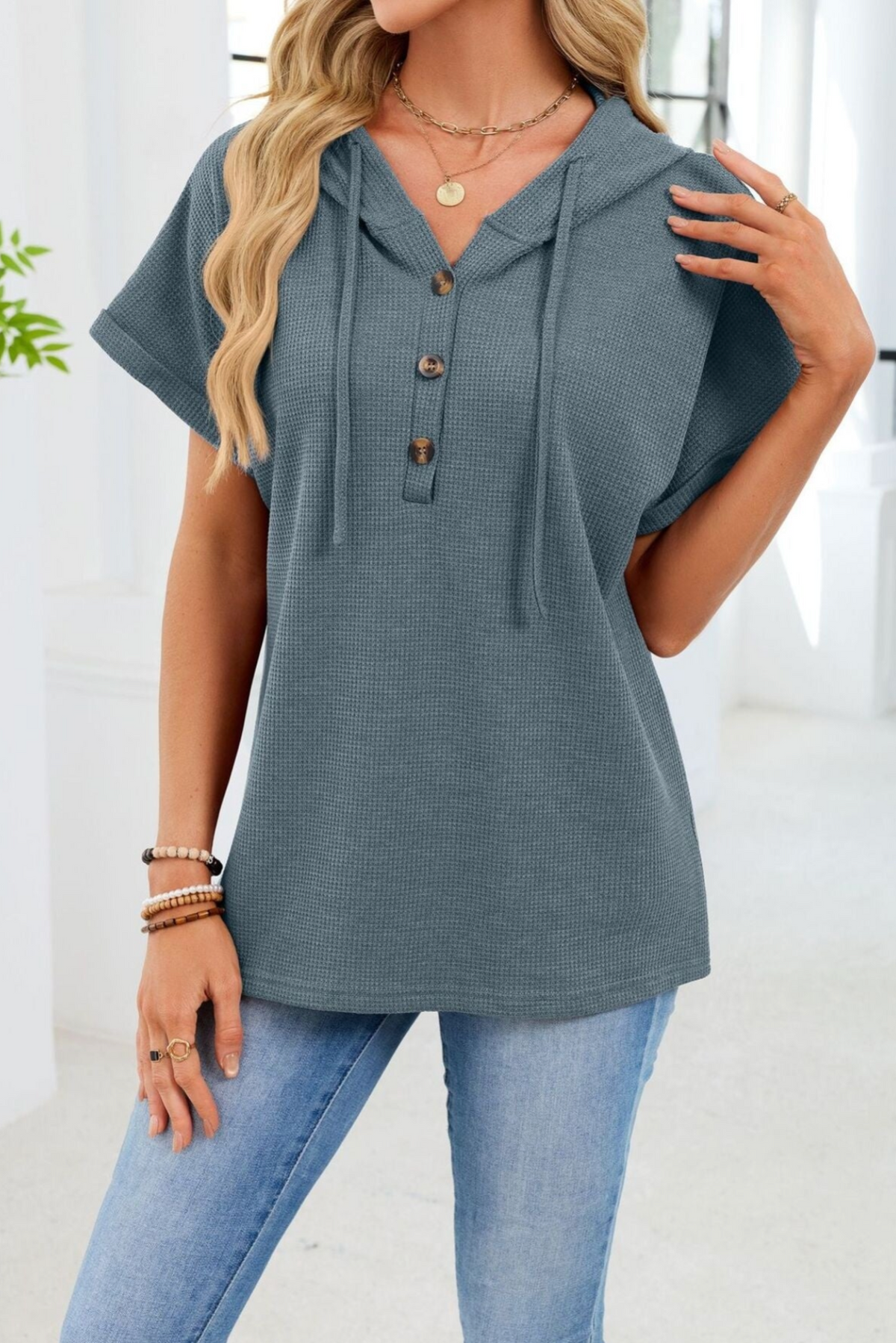 Easy Going Blue Waffle Knit Hooded Top - T088BL