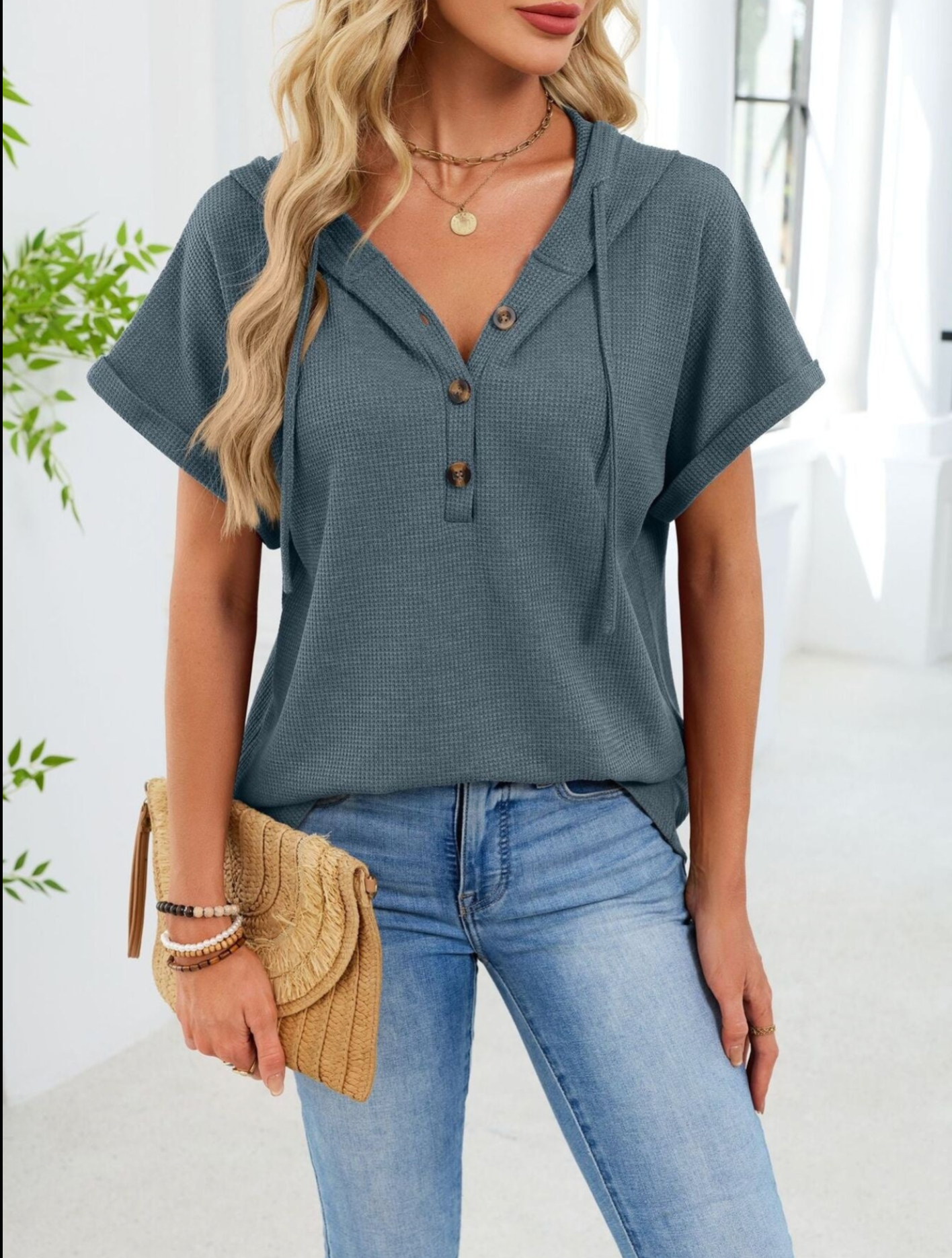 Easy Going Blue Waffle Knit Hooded Top - T088BL