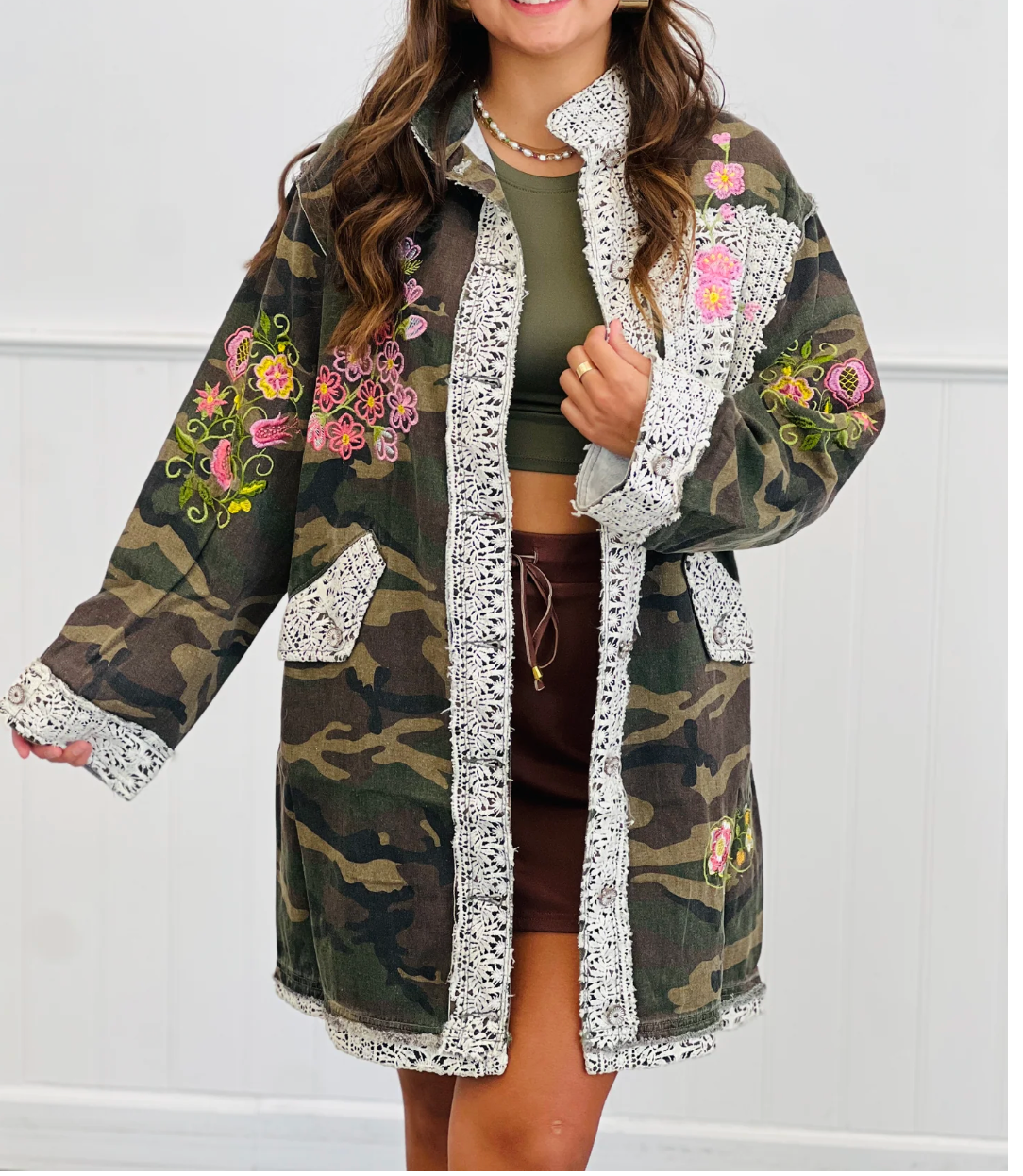 Camo Queen Embroidered Lace Shacket - OT006CA