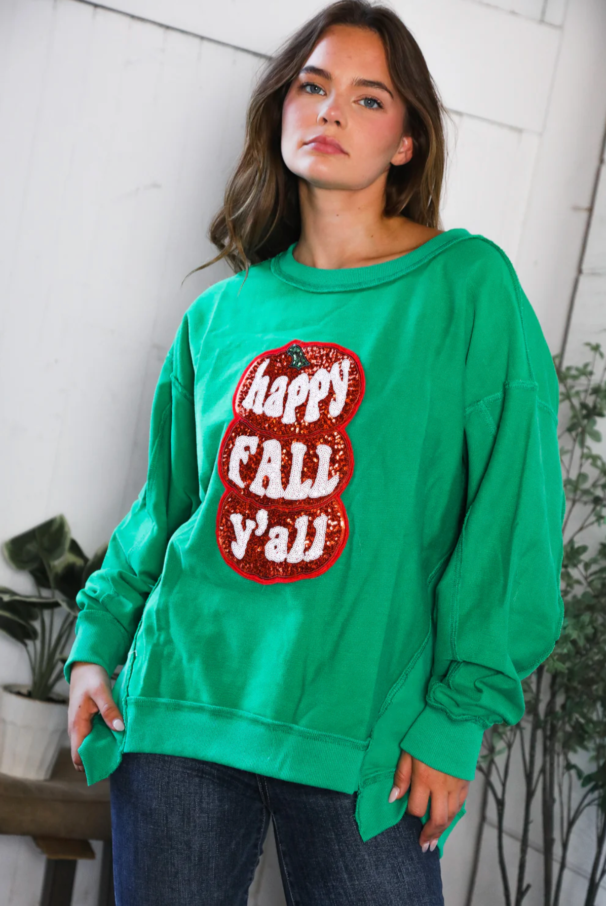 'Happy Fall Y'all' Kelly Green Sweater