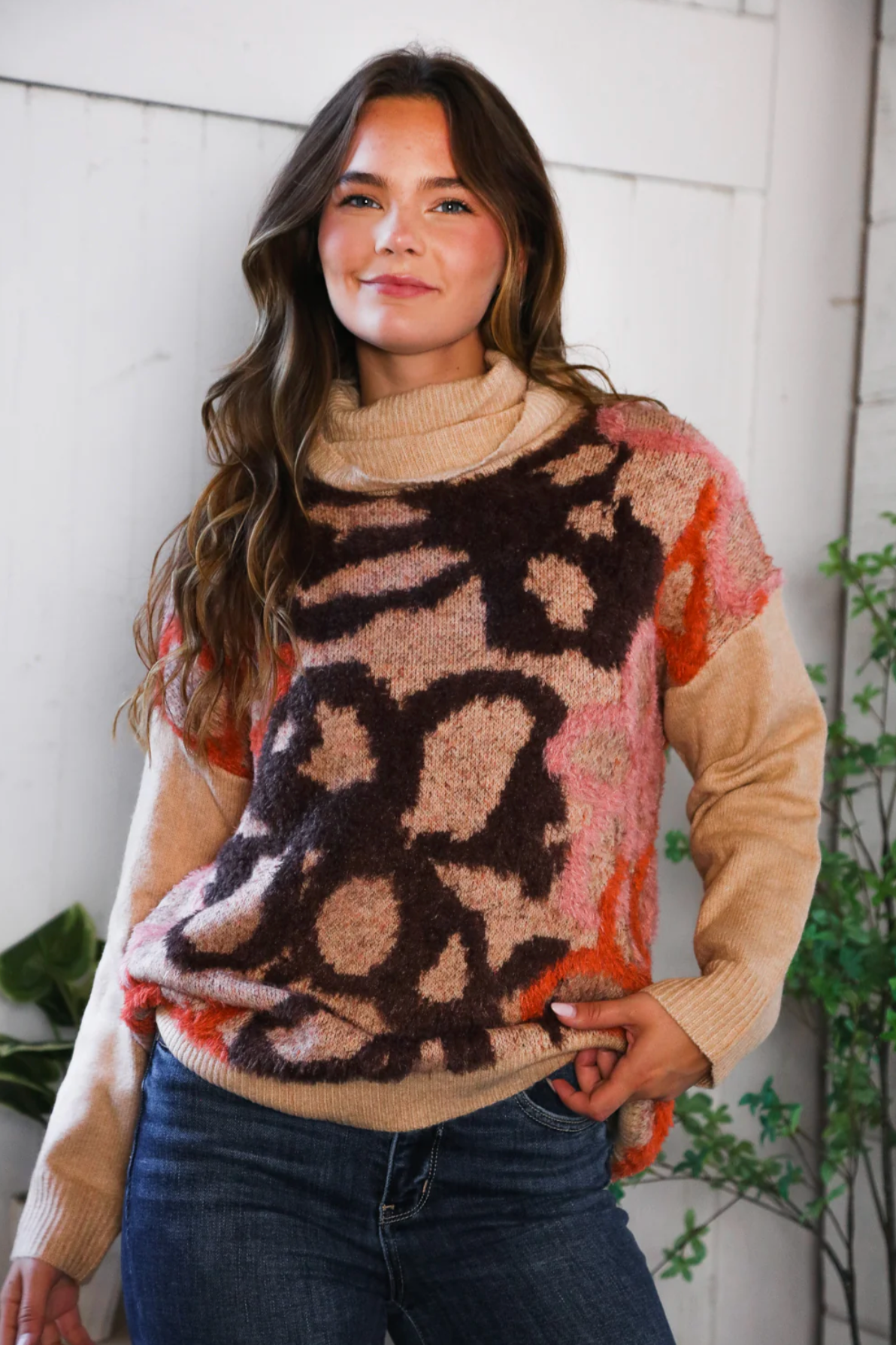 Blooms in Autumn Turtleneck Cozy Sweater